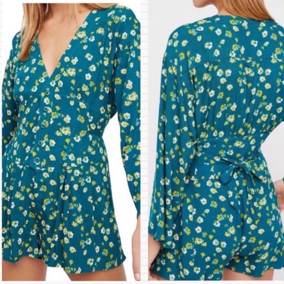 Free People NWOT L’Amour teal green floral romper - Picture 4 of 7